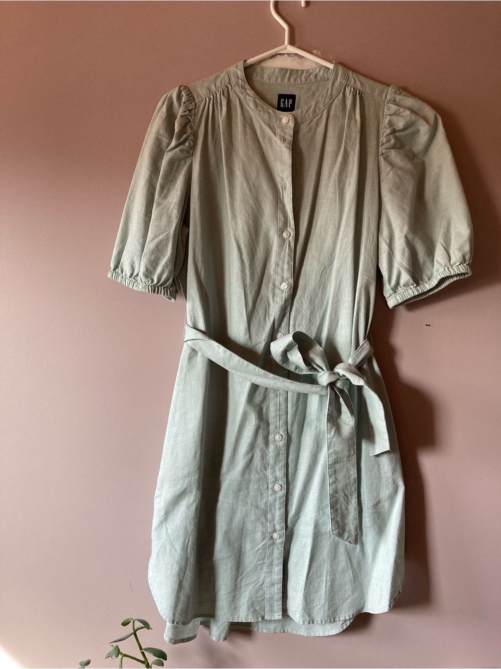 GAP Sage Green Button-Front Tie-Waist Mini Dress